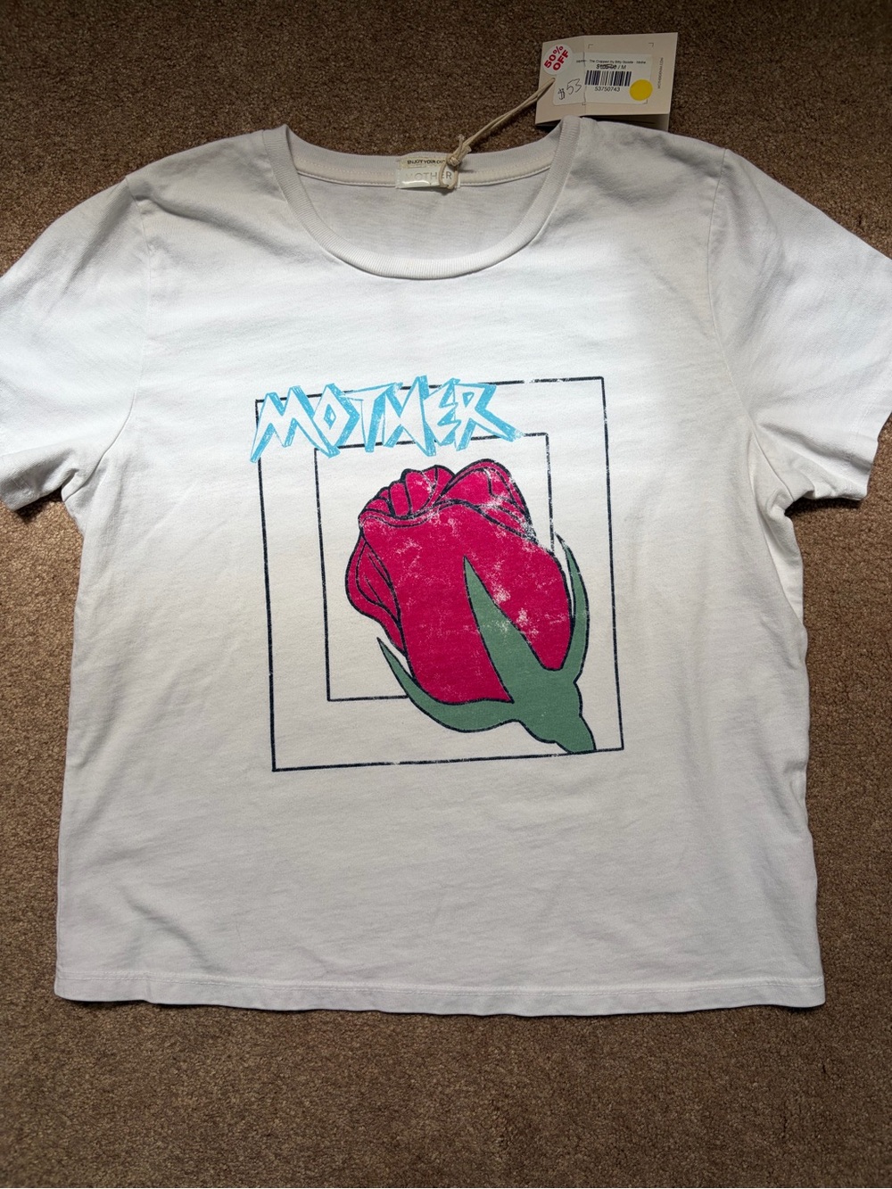 MOTHER White Graphic Tee with Pink Rose and Teal Leaf - Picture 5 of 5